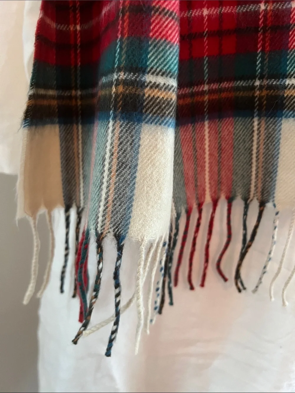 Classic Red Plaid Cream & Green Fringe Scarf Timeless Size 74” L x 12.25” W